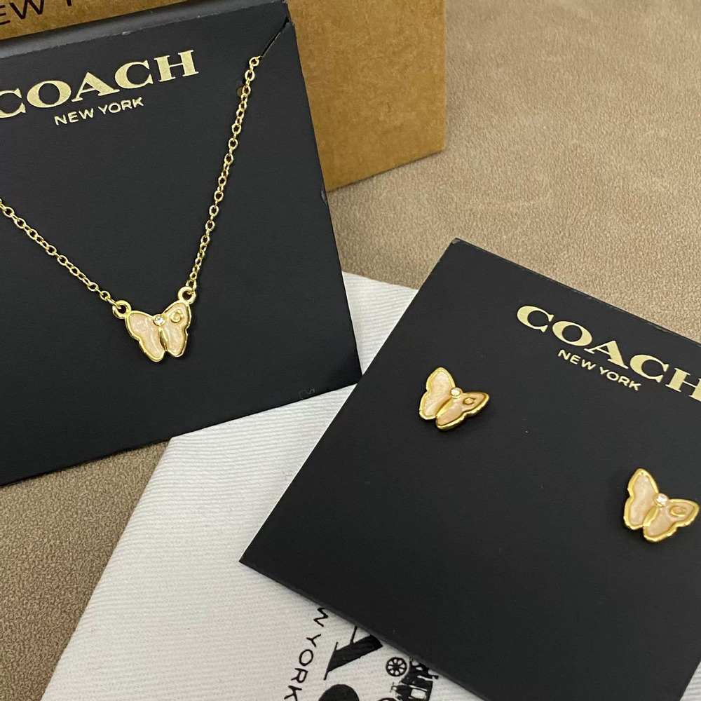 Coach Butterfly Enamel Crystal Earrings Necklace Set